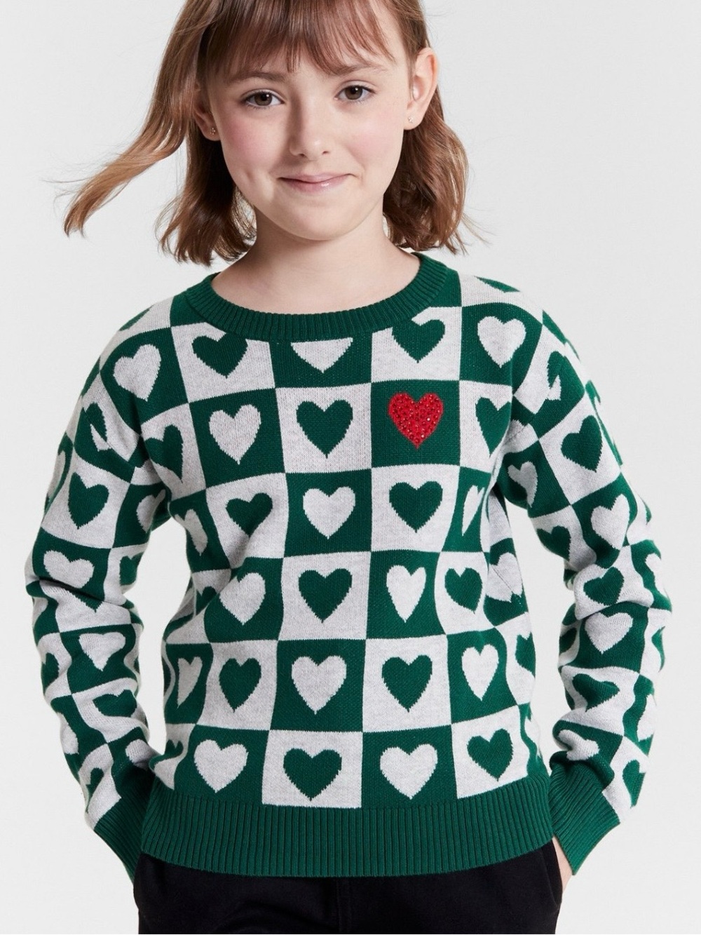 Epic Threads Girls XS 5/6 Green Checkered Heart Rhinestone Knit Sweater NWT